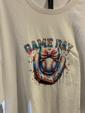 Gildan White Tee with Rainbow 'Game Day' Baseball Graphic NWOT